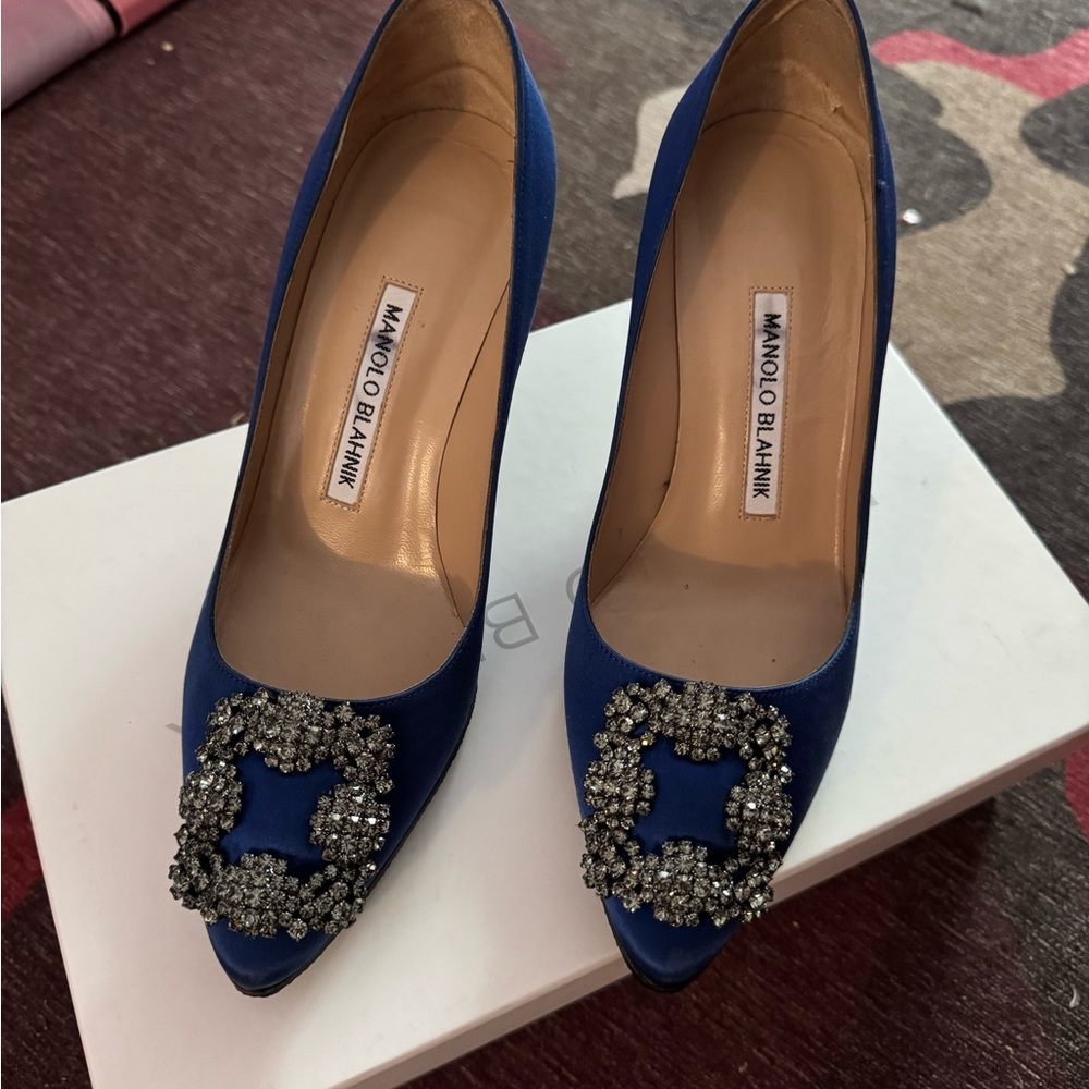 Manolo Blahnik Blue Satin Heels with Crystal Buckle